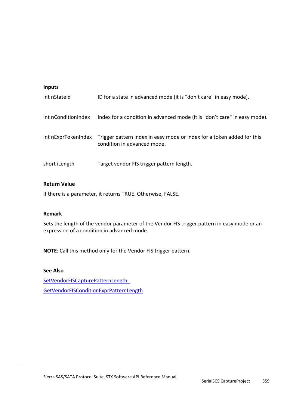 Setvendorfisconditionexprpatternlength, Updatehardwareresource | Teledyne LeCroy Sierra SAS_SATA Protocol Analyzer STX API Reference Manual User Manual | Page 359 / 979