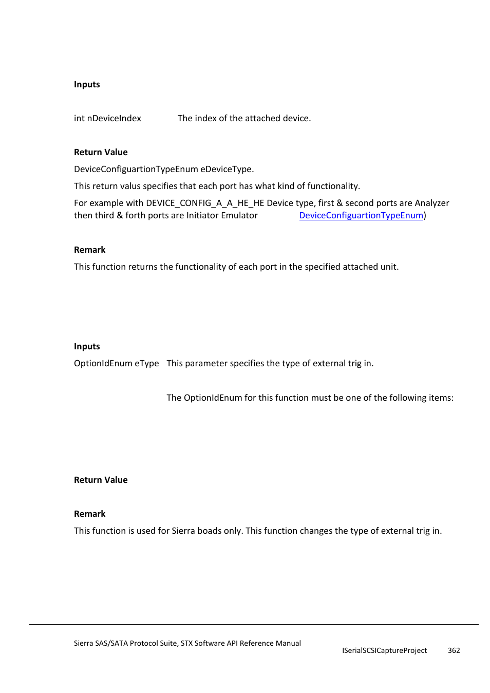 Getdevicetype, Settahoeexternaltrigintype, Gettahoeexternaltrigintype | Teledyne LeCroy Sierra SAS_SATA Protocol Analyzer STX API Reference Manual User Manual | Page 362 / 979