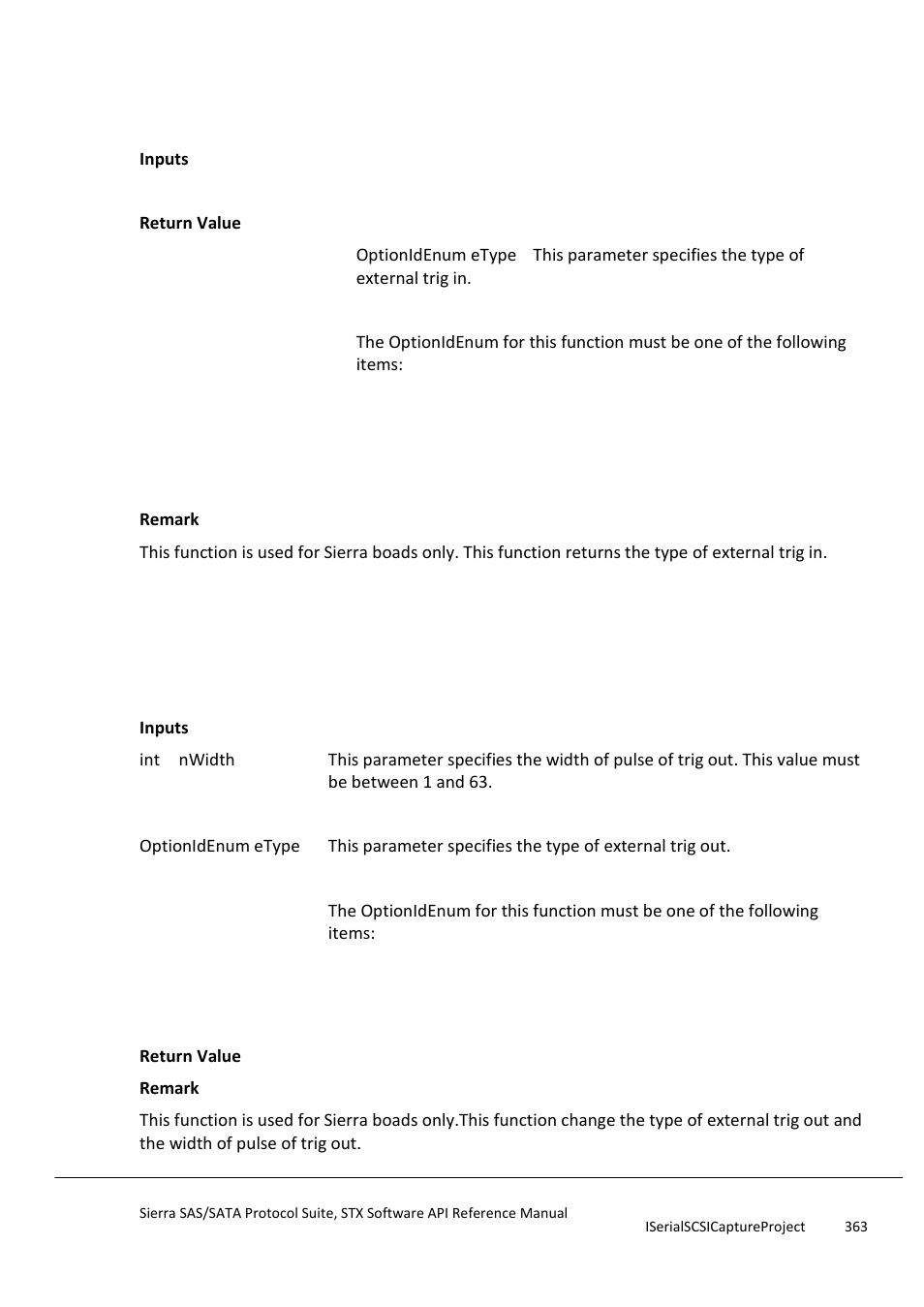 Gettahoeexternaltrigintype, Settahoeexternaltrigoutsetting | Teledyne LeCroy Sierra SAS_SATA Protocol Analyzer STX API Reference Manual User Manual | Page 363 / 979