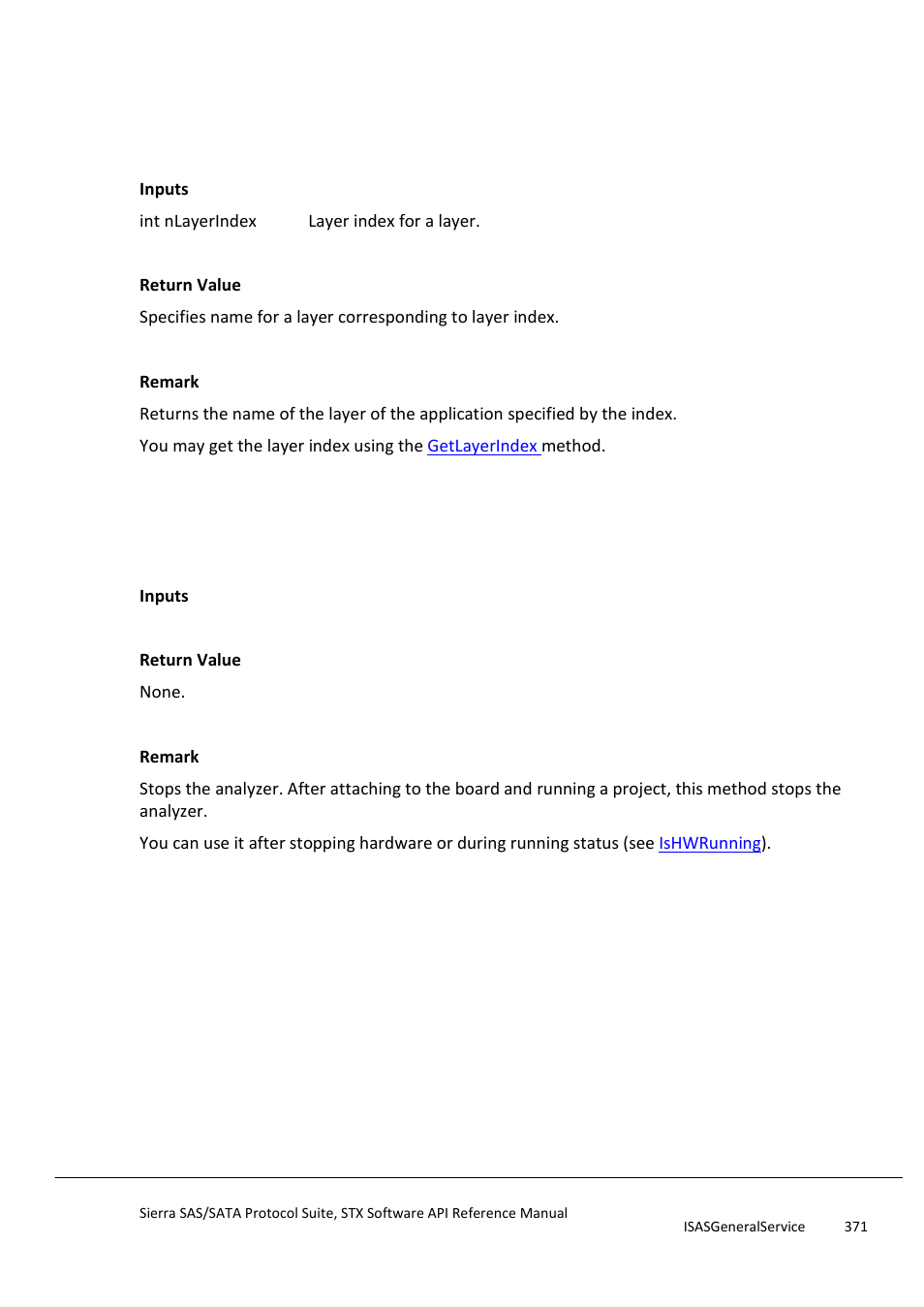 Getlayername, Halanalyzerstop, Initializesystem | Teledyne LeCroy Sierra SAS_SATA Protocol Analyzer STX API Reference Manual User Manual | Page 371 / 979