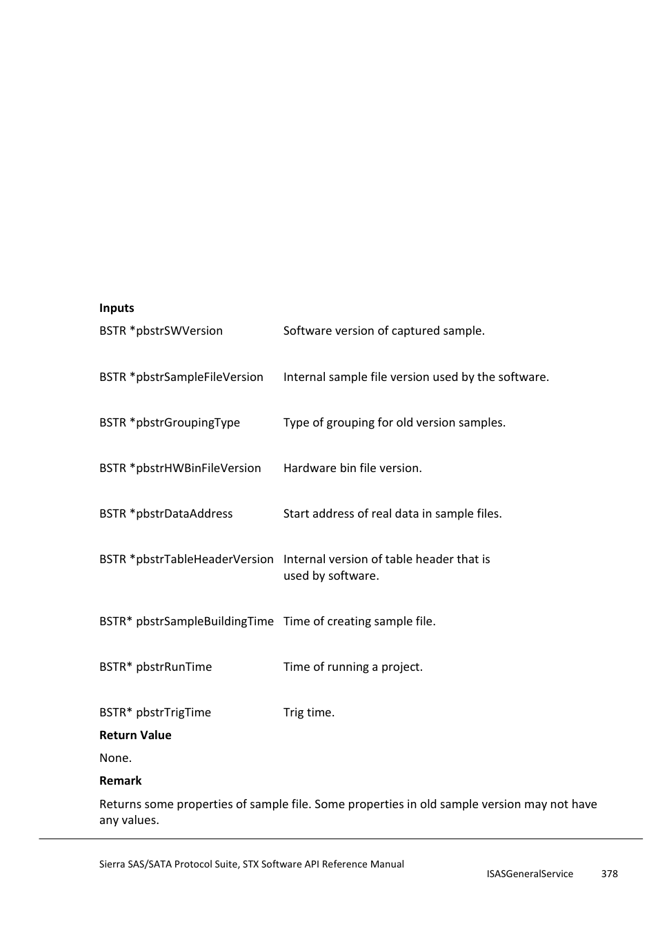 Getsamplefileproperties | Teledyne LeCroy Sierra SAS_SATA Protocol Analyzer STX API Reference Manual User Manual | Page 378 / 979