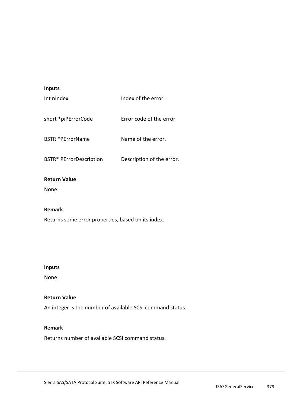 Getperrorattribute, Getnumberofavailablescsicommandstatus | Teledyne LeCroy Sierra SAS_SATA Protocol Analyzer STX API Reference Manual User Manual | Page 379 / 979