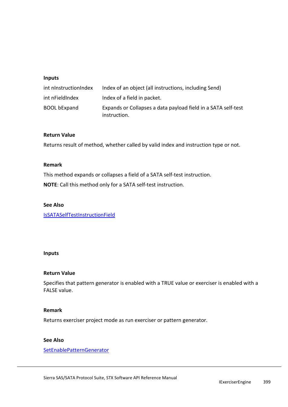 Expandsataselftestinstructionfield, Getenablepatterngenerator | Teledyne LeCroy Sierra SAS_SATA Protocol Analyzer STX API Reference Manual User Manual | Page 399 / 979