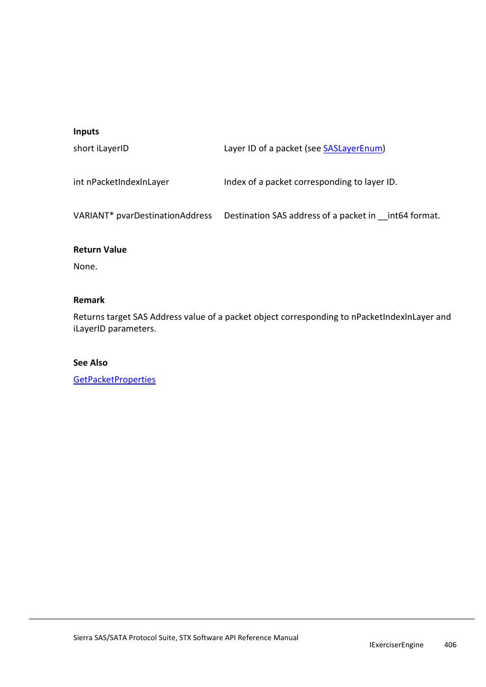 Getdestinationaddress, Getenablefirstburst | Teledyne LeCroy Sierra SAS_SATA Protocol Analyzer STX API Reference Manual User Manual | Page 406 / 979