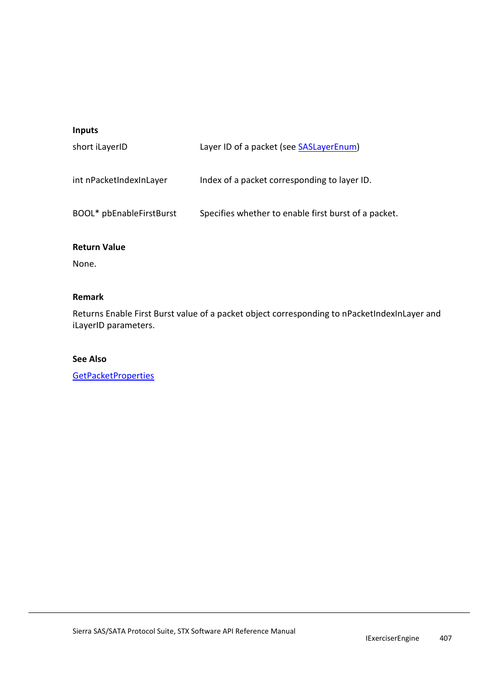 Getenablefirstburst, Getenableratematching | Teledyne LeCroy Sierra SAS_SATA Protocol Analyzer STX API Reference Manual User Manual | Page 407 / 979