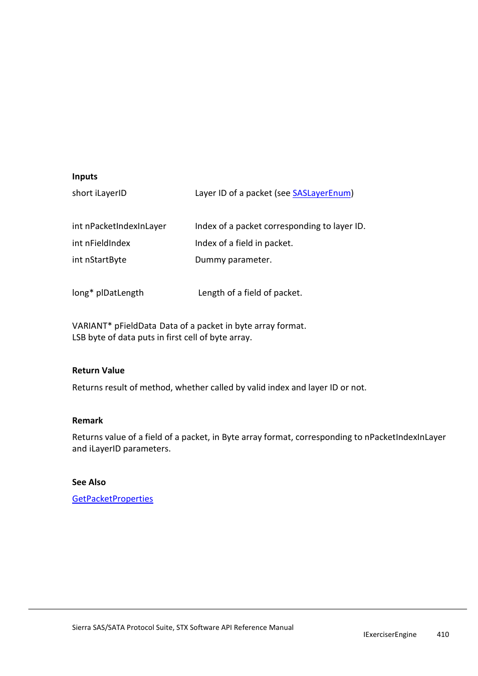 Getfielddata, Getfielddescription | Teledyne LeCroy Sierra SAS_SATA Protocol Analyzer STX API Reference Manual User Manual | Page 410 / 979