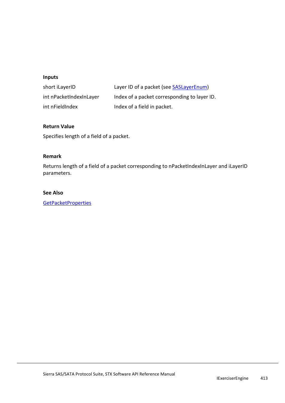 Getfieldlength | Teledyne LeCroy Sierra SAS_SATA Protocol Analyzer STX API Reference Manual User Manual | Page 413 / 979