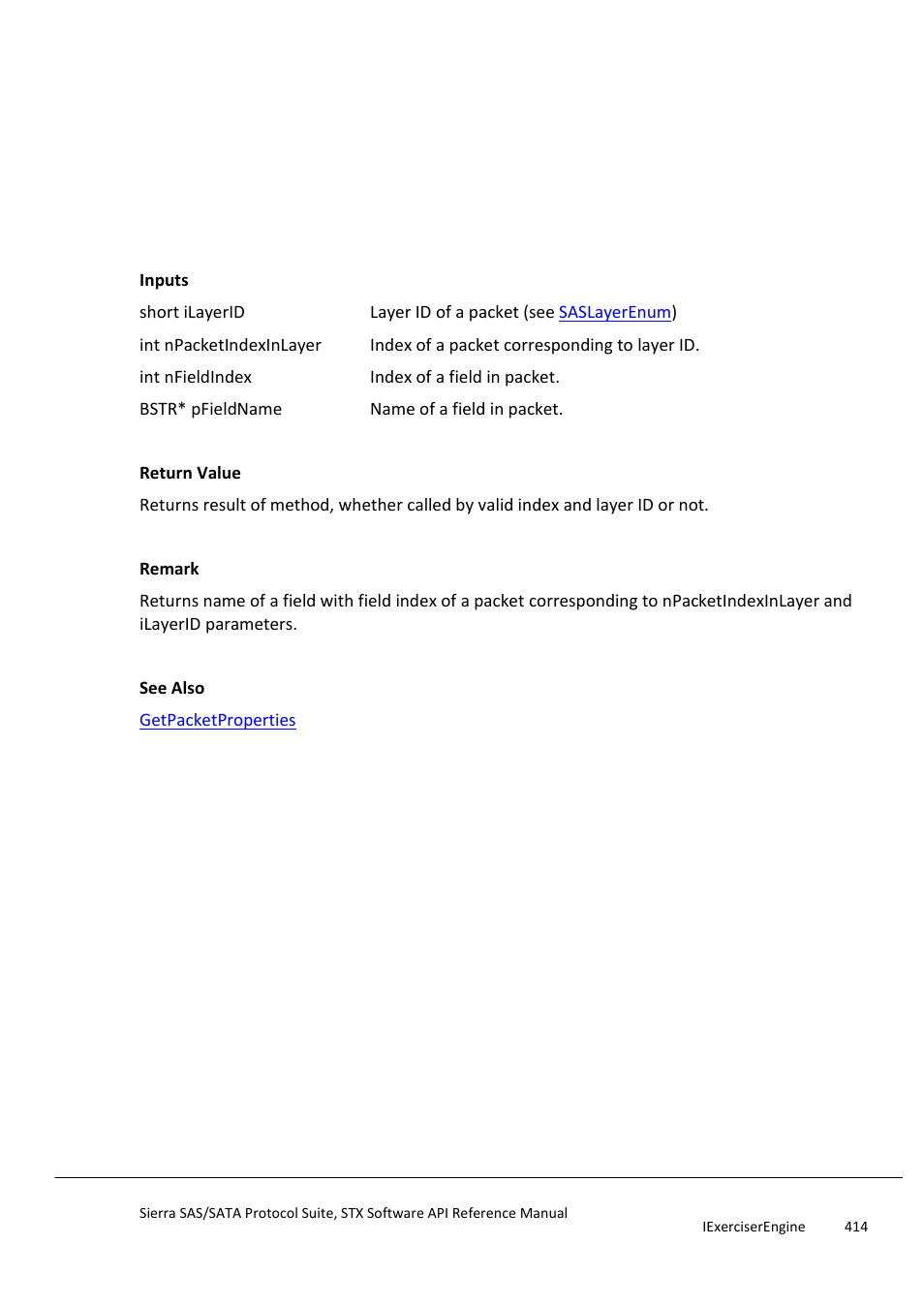 Getfieldname, Getfieldoptiondescription | Teledyne LeCroy Sierra SAS_SATA Protocol Analyzer STX API Reference Manual User Manual | Page 414 / 979