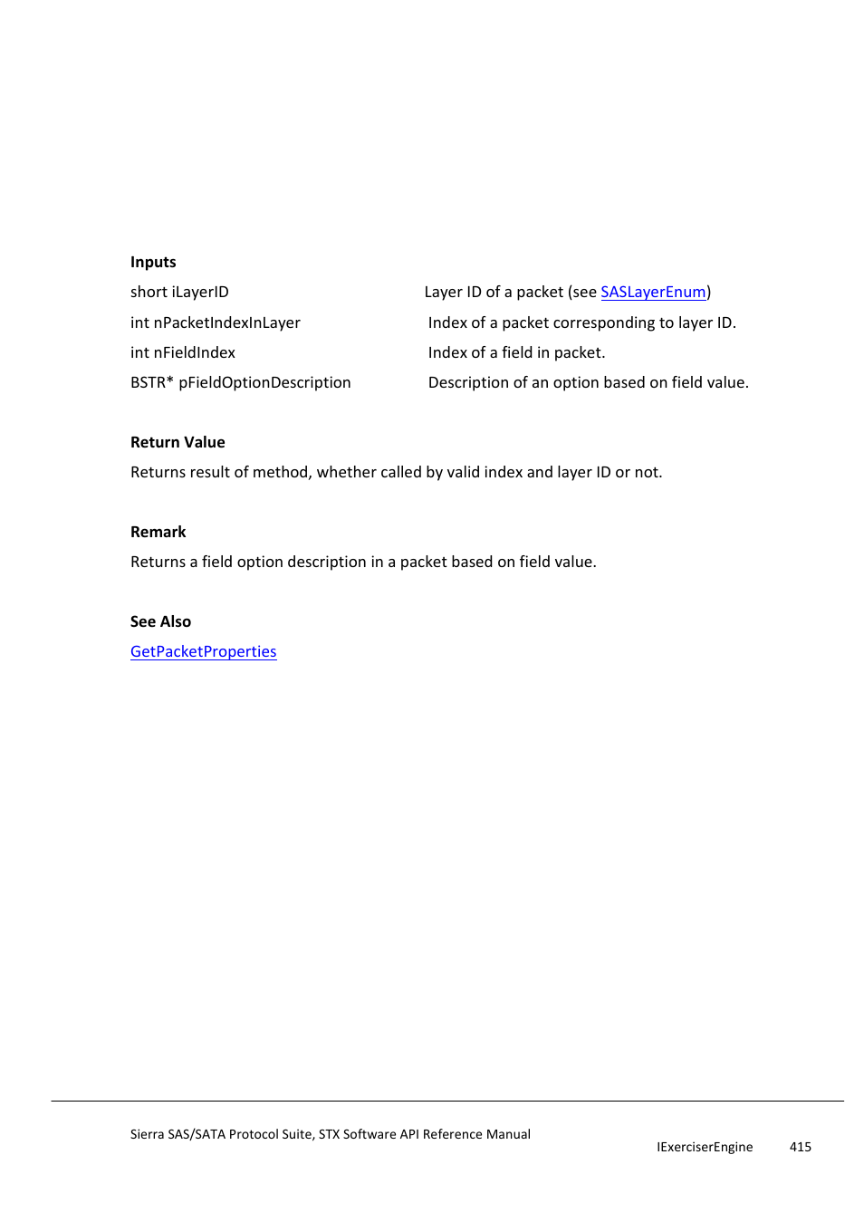 Getfieldoptiondescription | Teledyne LeCroy Sierra SAS_SATA Protocol Analyzer STX API Reference Manual User Manual | Page 415 / 979