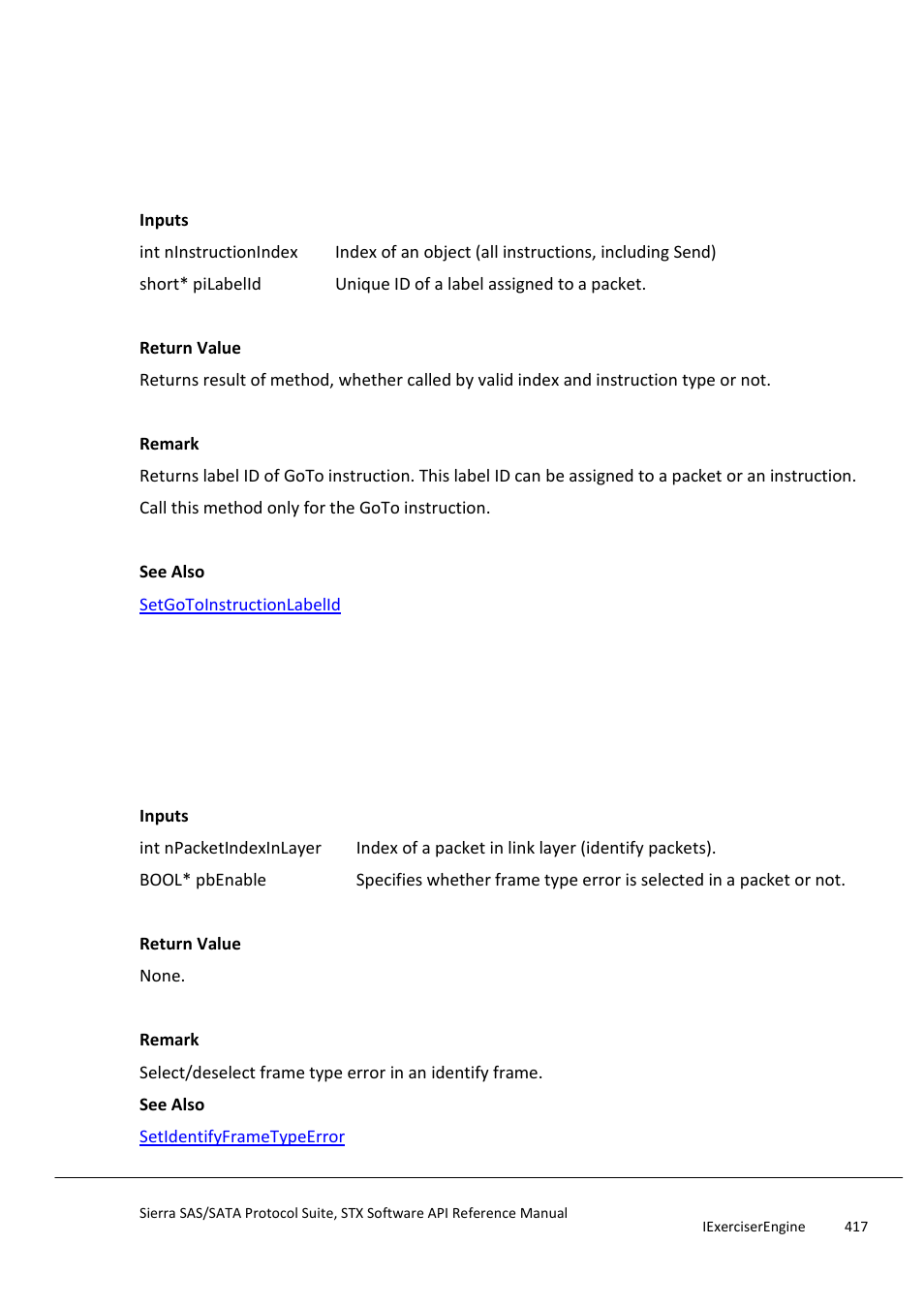 Getgotoinstructionlableid, Getidentifyframetypeerror | Teledyne LeCroy Sierra SAS_SATA Protocol Analyzer STX API Reference Manual User Manual | Page 417 / 979