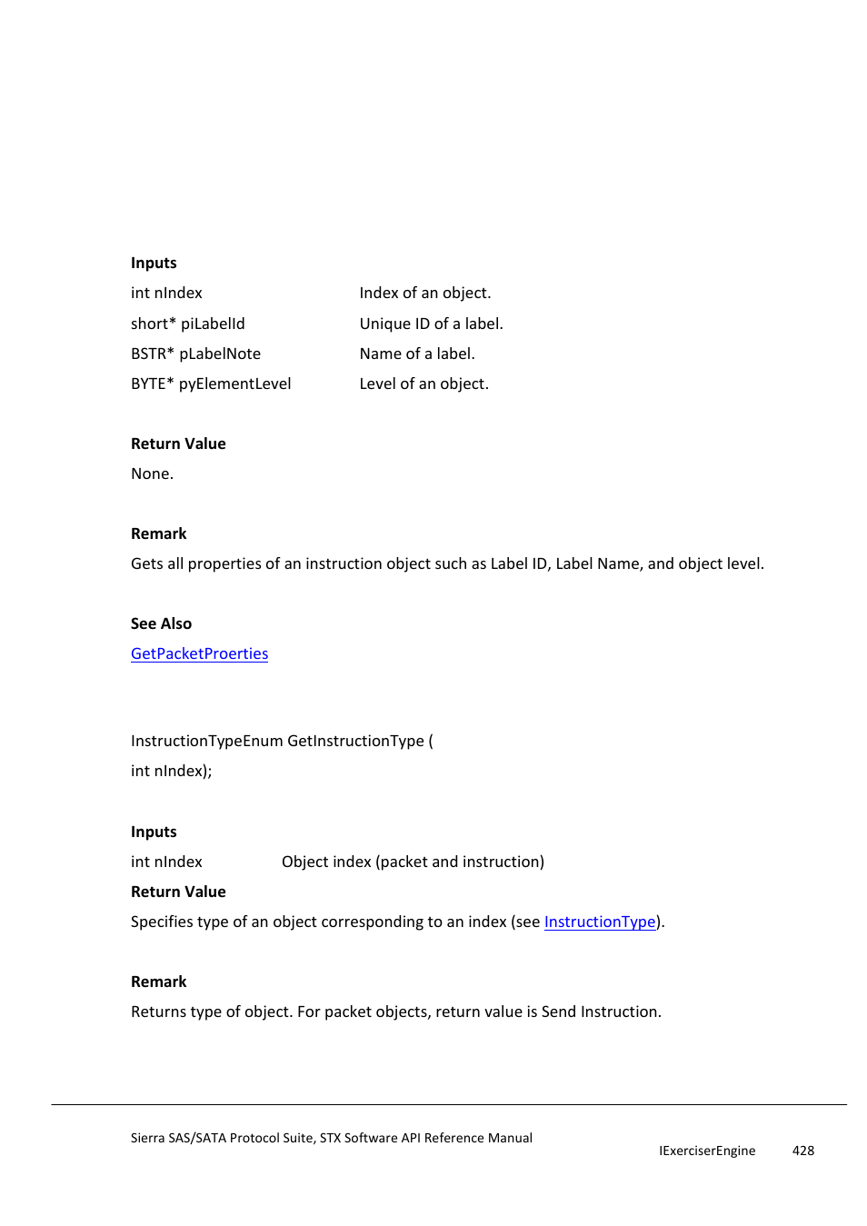 Getinstructionproerties, Getinstructiontype | Teledyne LeCroy Sierra SAS_SATA Protocol Analyzer STX API Reference Manual User Manual | Page 428 / 979