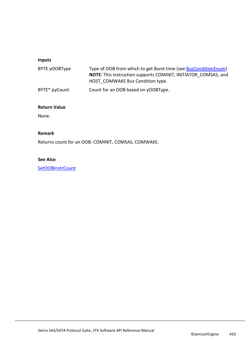 Getoobinstrcount, Getoobinstridletime | Teledyne LeCroy Sierra SAS_SATA Protocol Analyzer STX API Reference Manual User Manual | Page 433 / 979