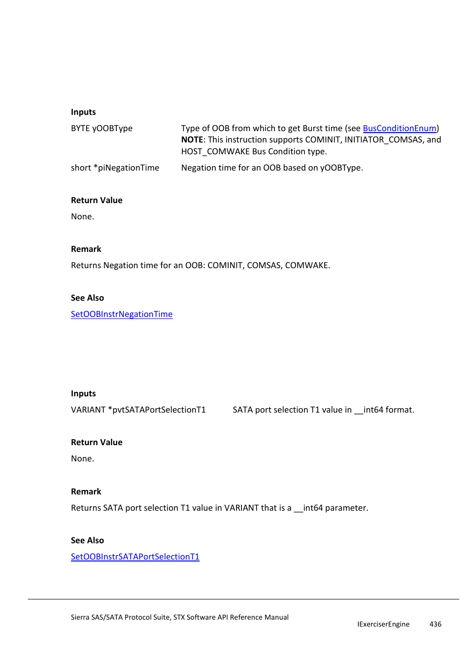 Getoobinstrnegationtime, Getoobinstrsataportselectiont1 | Teledyne LeCroy Sierra SAS_SATA Protocol Analyzer STX API Reference Manual User Manual | Page 436 / 979