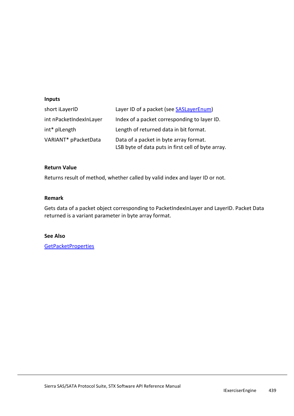 Getpacketdata, Getpacketindex | Teledyne LeCroy Sierra SAS_SATA Protocol Analyzer STX API Reference Manual User Manual | Page 439 / 979