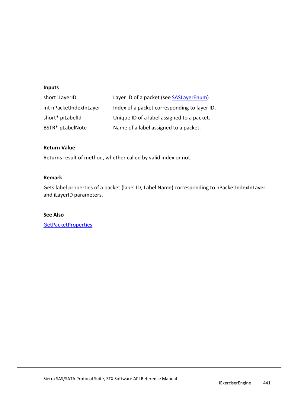 Getpacketlableproperties | Teledyne LeCroy Sierra SAS_SATA Protocol Analyzer STX API Reference Manual User Manual | Page 441 / 979