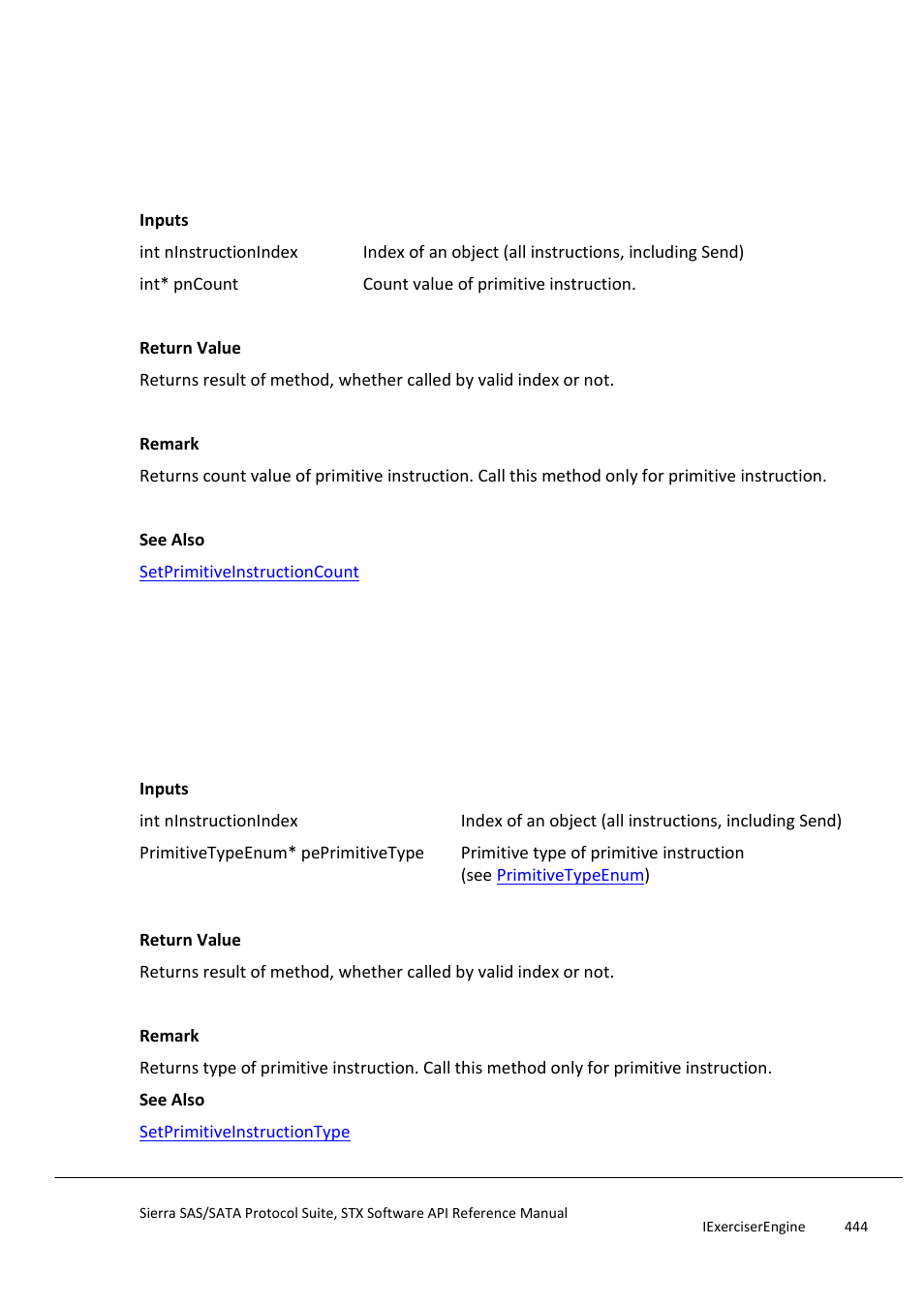 Getprimitiveinstructioncount, Getprimitiveinstructiontype | Teledyne LeCroy Sierra SAS_SATA Protocol Analyzer STX API Reference Manual User Manual | Page 444 / 979