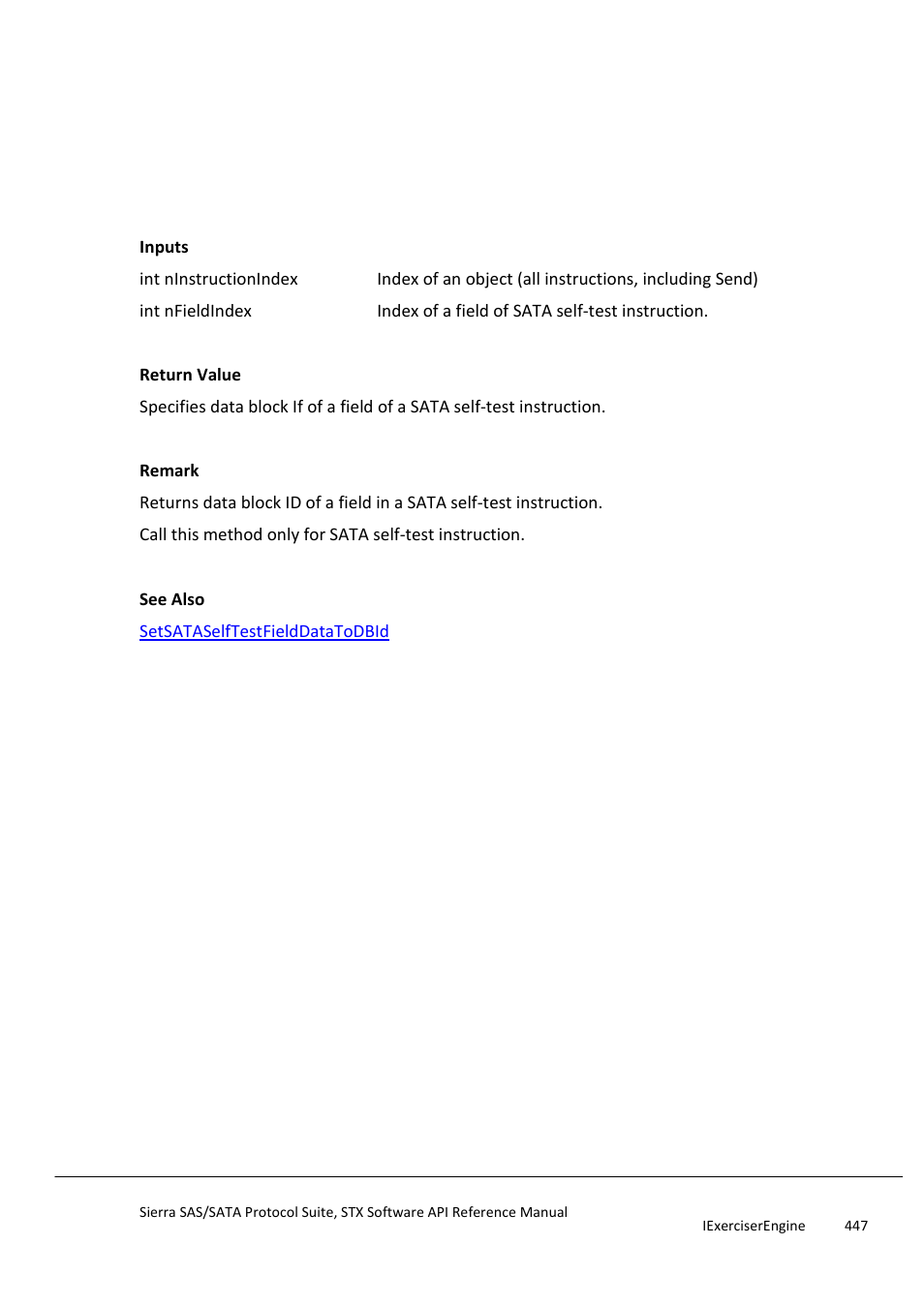 Getsataselftestfielddatatodbid, Getsataselftestinstructionfieldabbr | Teledyne LeCroy Sierra SAS_SATA Protocol Analyzer STX API Reference Manual User Manual | Page 447 / 979
