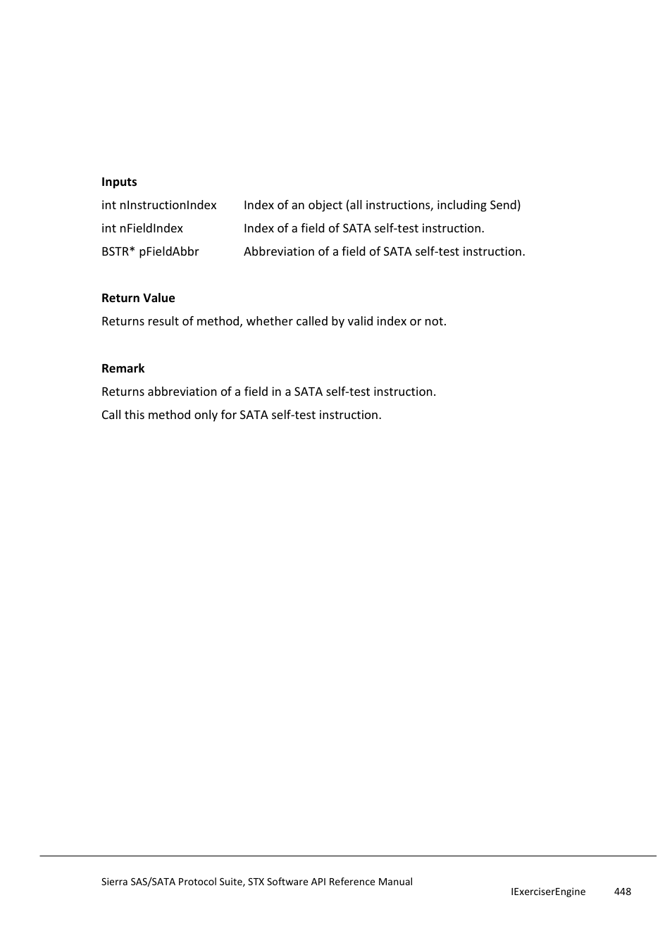 Getsataselftestinstructionfieldabbr, Getsataselftestinstructionfielddata | Teledyne LeCroy Sierra SAS_SATA Protocol Analyzer STX API Reference Manual User Manual | Page 448 / 979