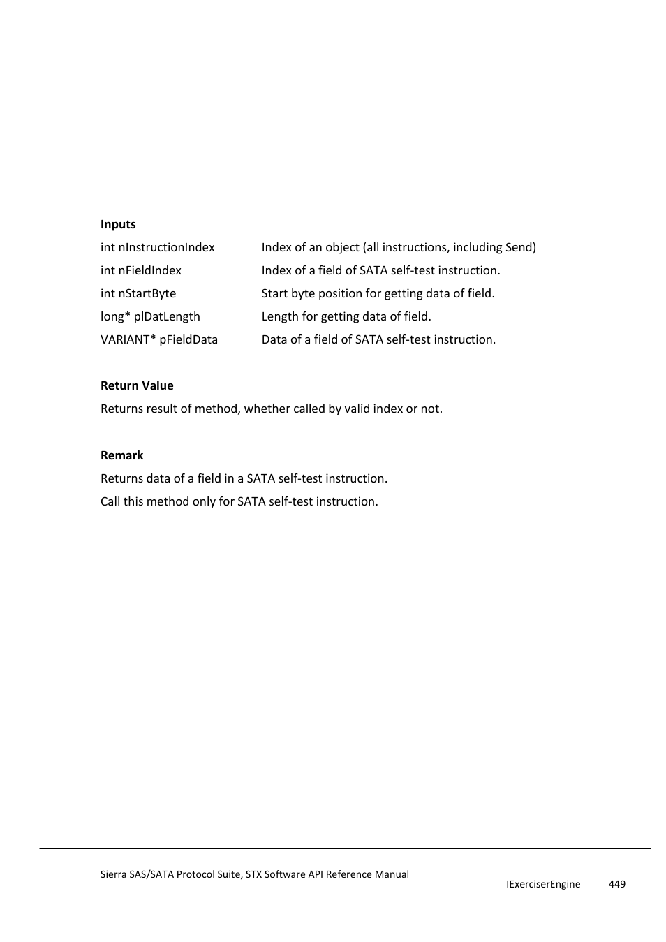 Getsataselftestinstructionfielddata, Getsataselftestinstructionfielddesc, Ription | Teledyne LeCroy Sierra SAS_SATA Protocol Analyzer STX API Reference Manual User Manual | Page 449 / 979