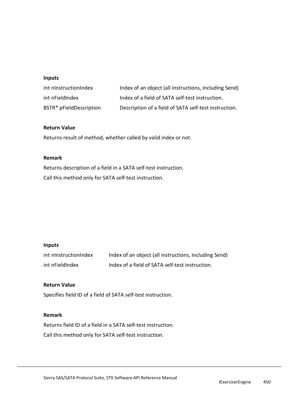 Getsataselftestinstructionfielddescription, Getsataselftestinstructionfieldid | Teledyne LeCroy Sierra SAS_SATA Protocol Analyzer STX API Reference Manual User Manual | Page 450 / 979