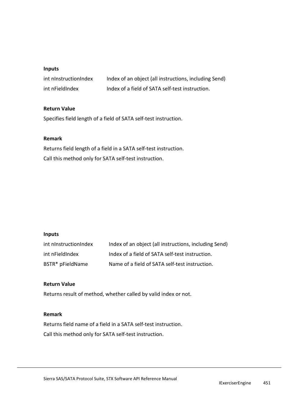 Getsataselftestinstructionfieldlength, Getsataselftestinstructionfieldname, Getsataselftestinstructionfieldleng | Getsataselftestinstructionfieldnam, Getsataselftestinstructionfieldopti, Ondescription | Teledyne LeCroy Sierra SAS_SATA Protocol Analyzer STX API Reference Manual User Manual | Page 451 / 979