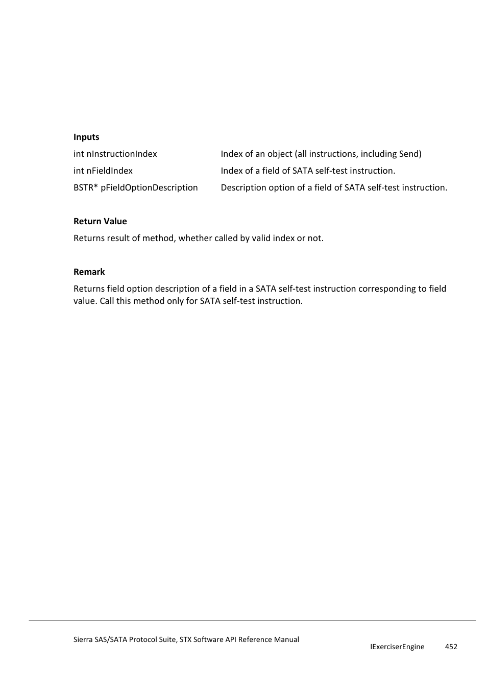 Getsataselftestinstructionfieldoptiondescription, Getsataselftestinstructionfieldstrea | Teledyne LeCroy Sierra SAS_SATA Protocol Analyzer STX API Reference Manual User Manual | Page 452 / 979