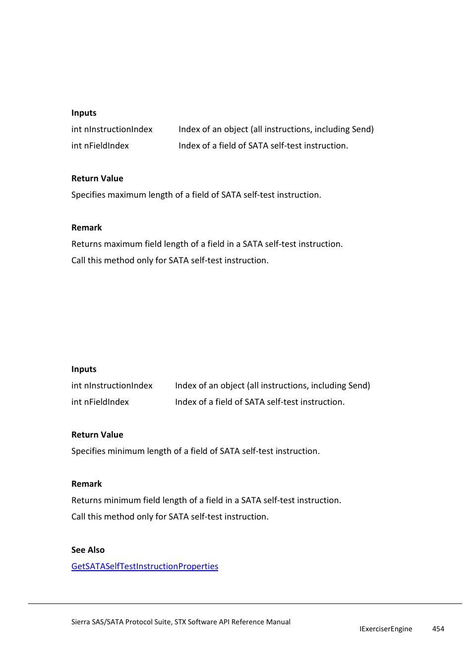 Getsataselftestinstructionmaxfieldlength, Getsataselftestinstructionminfieldlength, Getsataselftestinstructionminfieldl | Ength | Teledyne LeCroy Sierra SAS_SATA Protocol Analyzer STX API Reference Manual User Manual | Page 454 / 979