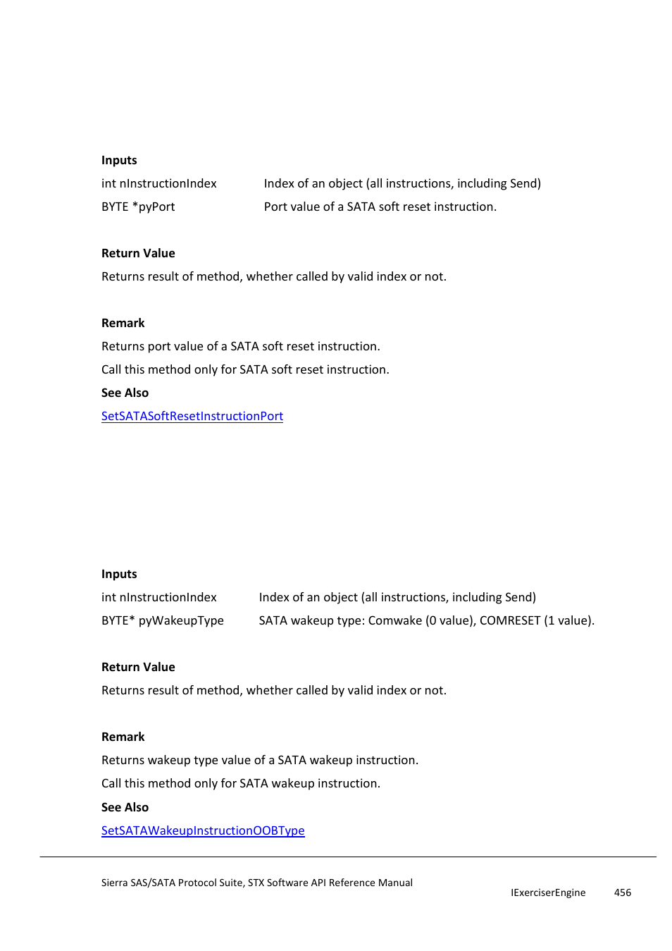 Getsatasoftresetinstructionport, Getsatawakeupinstructionoobtype | Teledyne LeCroy Sierra SAS_SATA Protocol Analyzer STX API Reference Manual User Manual | Page 456 / 979