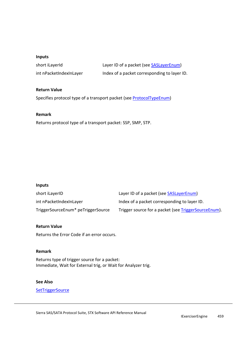 Gettransportpacketprotocoltype, Gettriggersource | Teledyne LeCroy Sierra SAS_SATA Protocol Analyzer STX API Reference Manual User Manual | Page 459 / 979