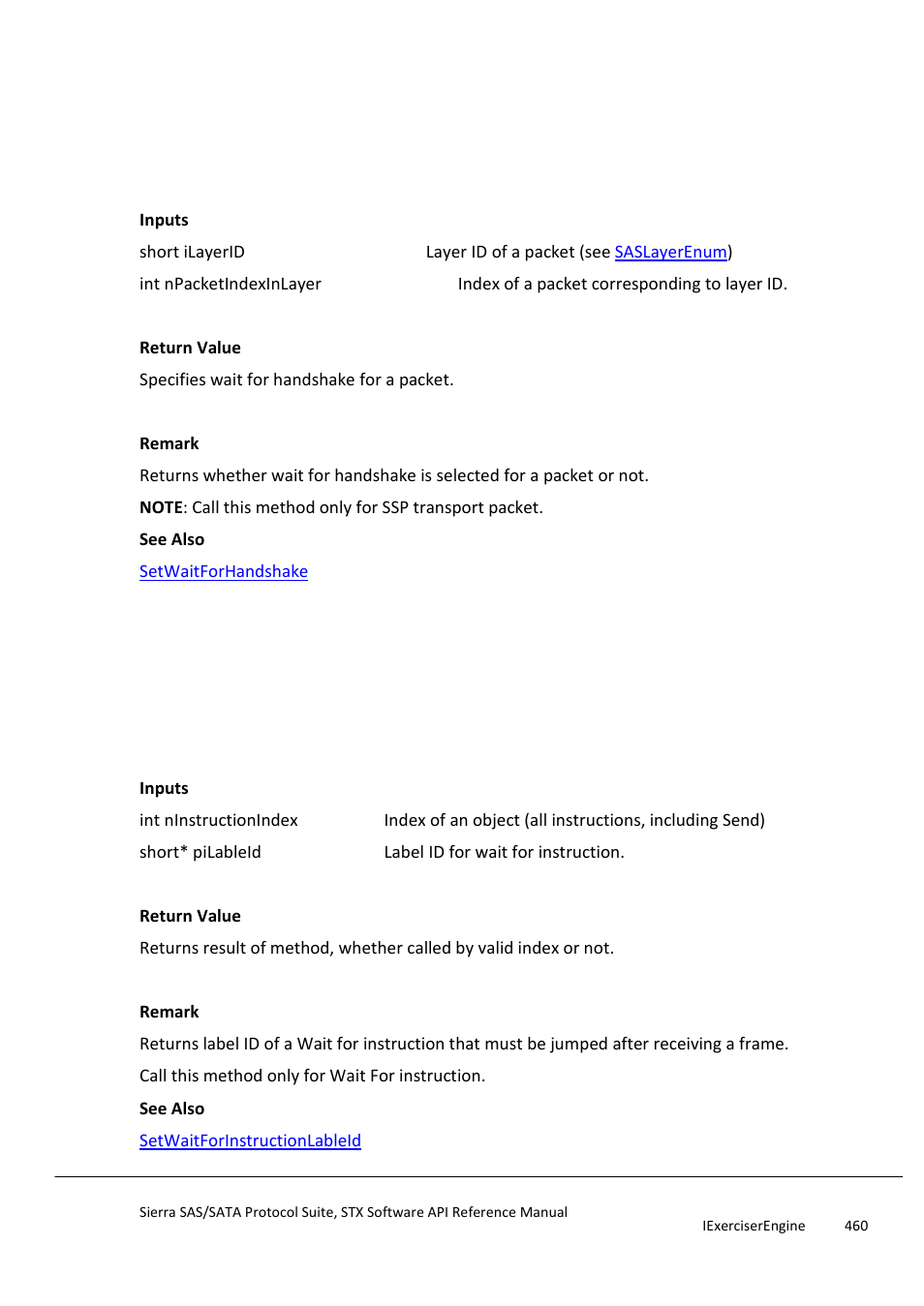 Getwaitforhandshake, Getwaitforinstructionlableid | Teledyne LeCroy Sierra SAS_SATA Protocol Analyzer STX API Reference Manual User Manual | Page 460 / 979