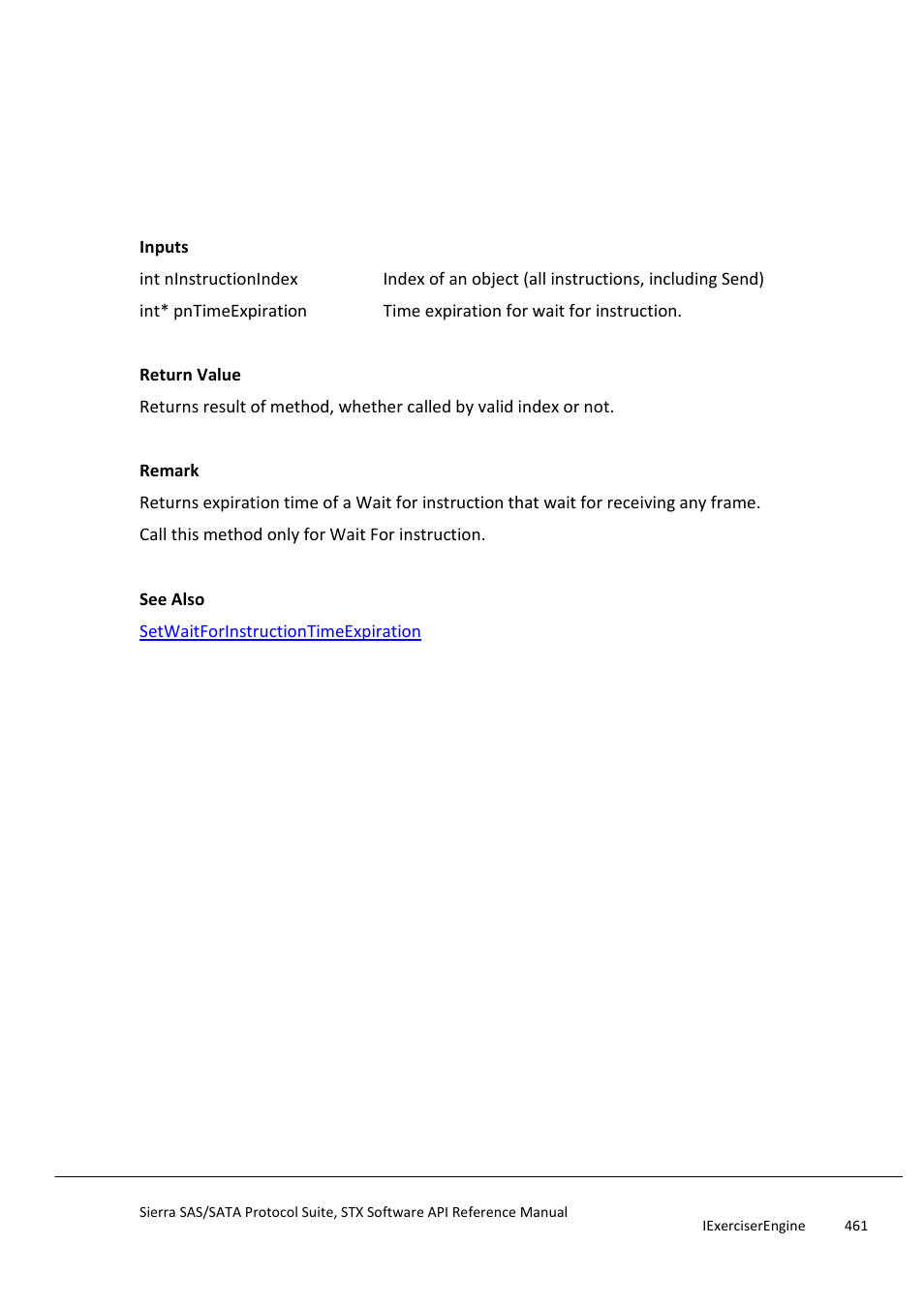 Getwaitforinstructiontimeexpiration, Hasspecifiedprotocolerror | Teledyne LeCroy Sierra SAS_SATA Protocol Analyzer STX API Reference Manual User Manual | Page 461 / 979