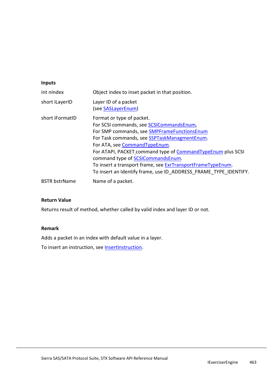 Insertpacket, Insertpacketbydata | Teledyne LeCroy Sierra SAS_SATA Protocol Analyzer STX API Reference Manual User Manual | Page 463 / 979