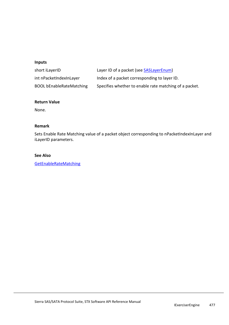 Setenableratematching, Setexternaltrig | Teledyne LeCroy Sierra SAS_SATA Protocol Analyzer STX API Reference Manual User Manual | Page 477 / 979