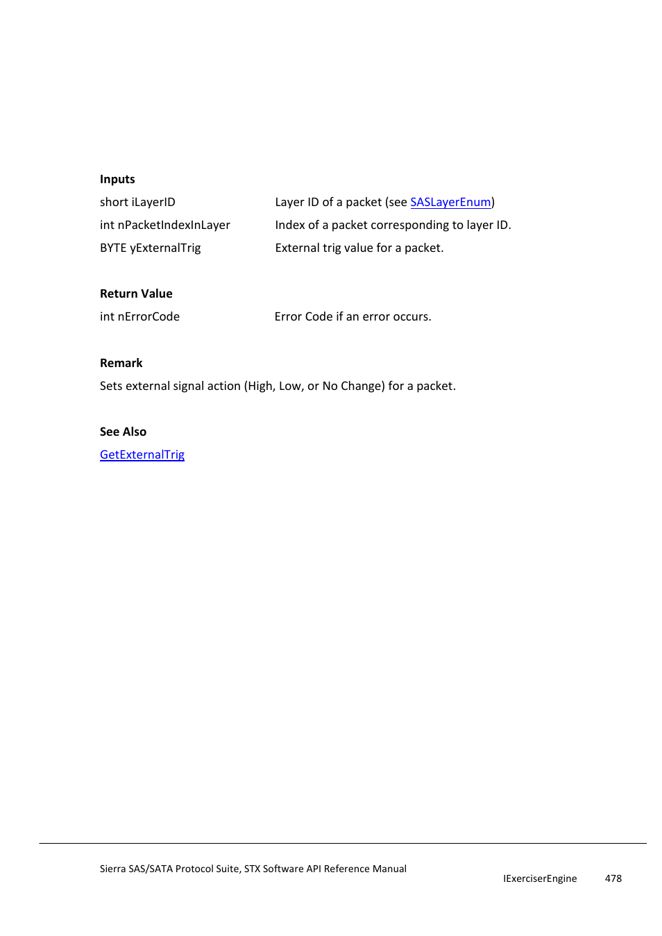 Setexternaltrig, Setfield | Teledyne LeCroy Sierra SAS_SATA Protocol Analyzer STX API Reference Manual User Manual | Page 478 / 979