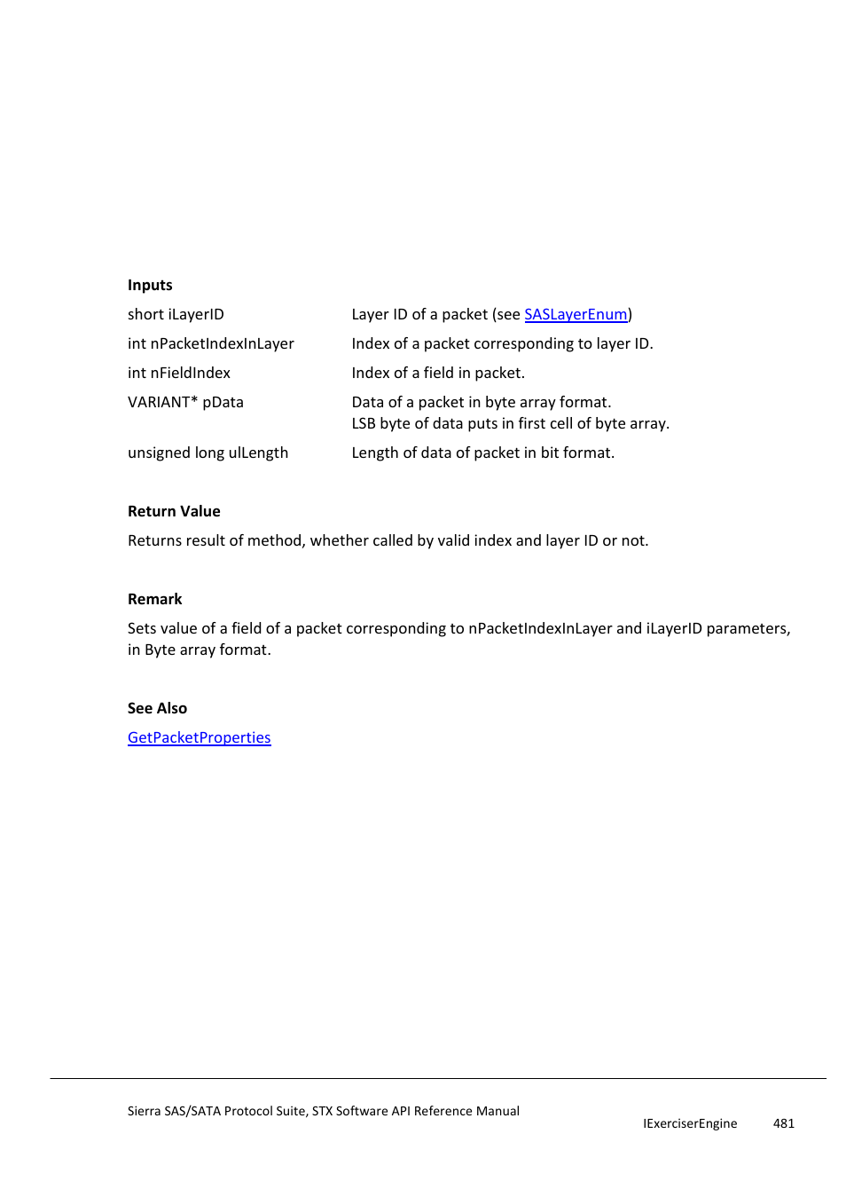 Setfielddata, Setfielddatatodbid | Teledyne LeCroy Sierra SAS_SATA Protocol Analyzer STX API Reference Manual User Manual | Page 481 / 979