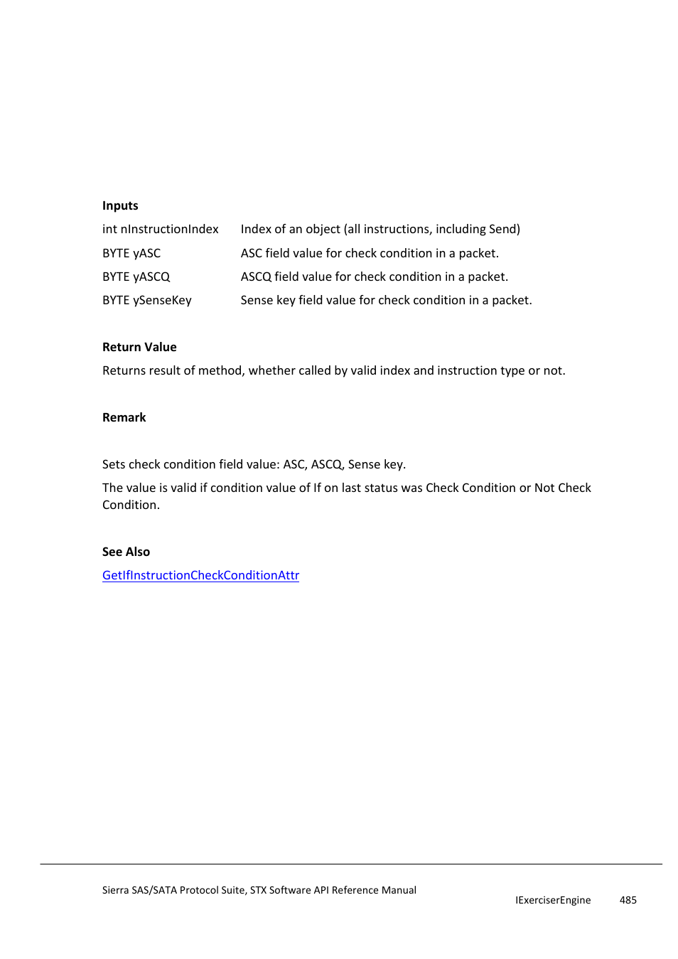 Setifinstructioncheckconditionattr | Teledyne LeCroy Sierra SAS_SATA Protocol Analyzer STX API Reference Manual User Manual | Page 485 / 979