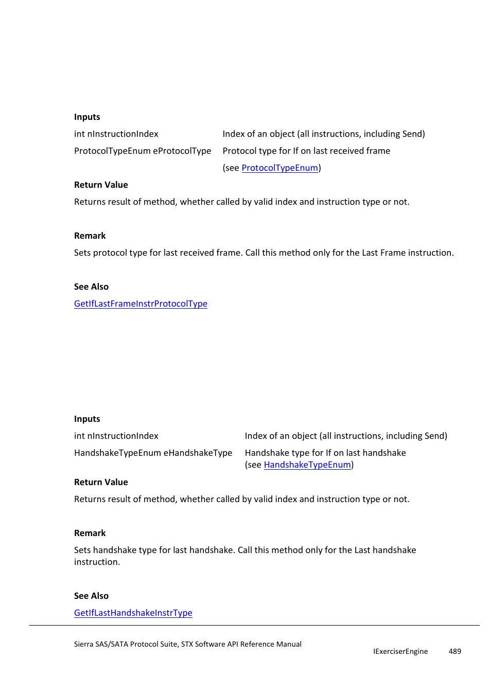 Setiflastframeinstrprotocoltype, Setiflasthandshakeinstrtype | Teledyne LeCroy Sierra SAS_SATA Protocol Analyzer STX API Reference Manual User Manual | Page 489 / 979