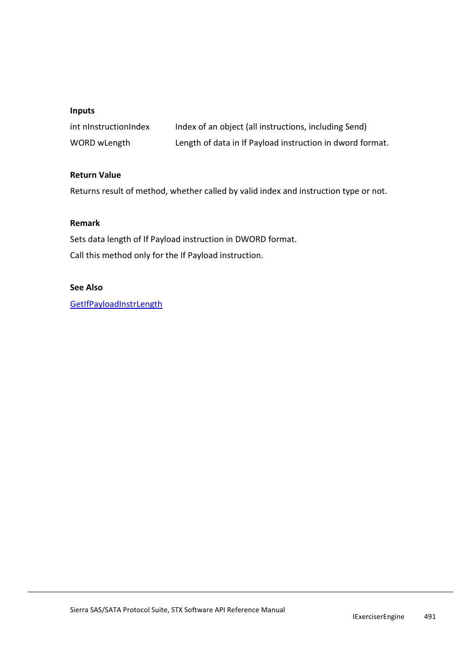 Setifpayloadinstrlength, Setifpayloadinstrmatch | Teledyne LeCroy Sierra SAS_SATA Protocol Analyzer STX API Reference Manual User Manual | Page 491 / 979