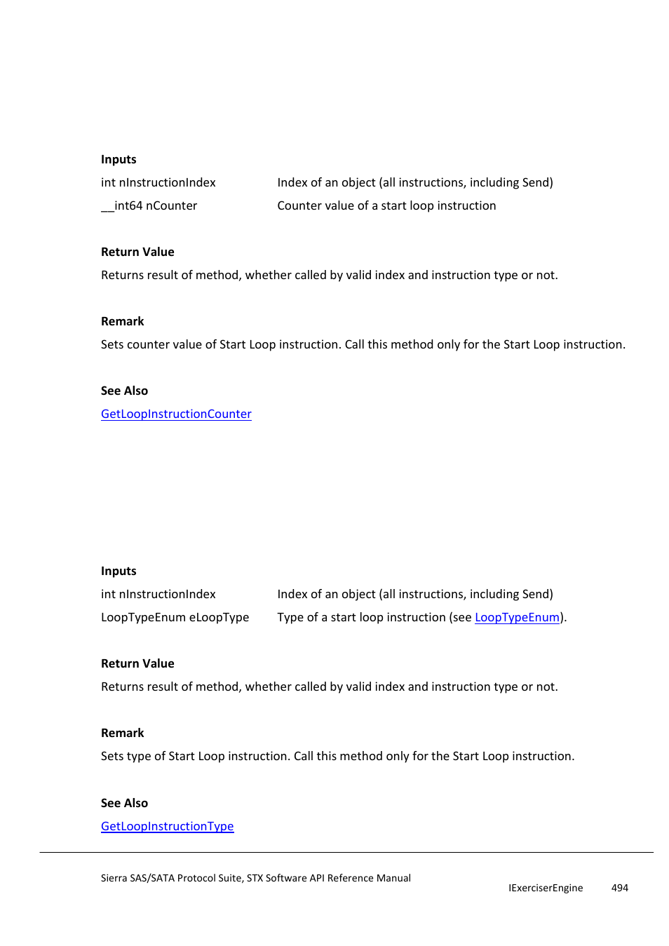 Setloopinstructioncounter, Setloopinstructiontype | Teledyne LeCroy Sierra SAS_SATA Protocol Analyzer STX API Reference Manual User Manual | Page 494 / 979