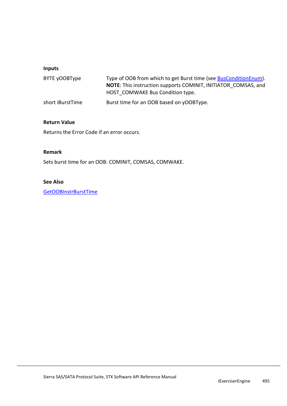 Setoobinstrbursttime, Setoobinstrcount | Teledyne LeCroy Sierra SAS_SATA Protocol Analyzer STX API Reference Manual User Manual | Page 495 / 979