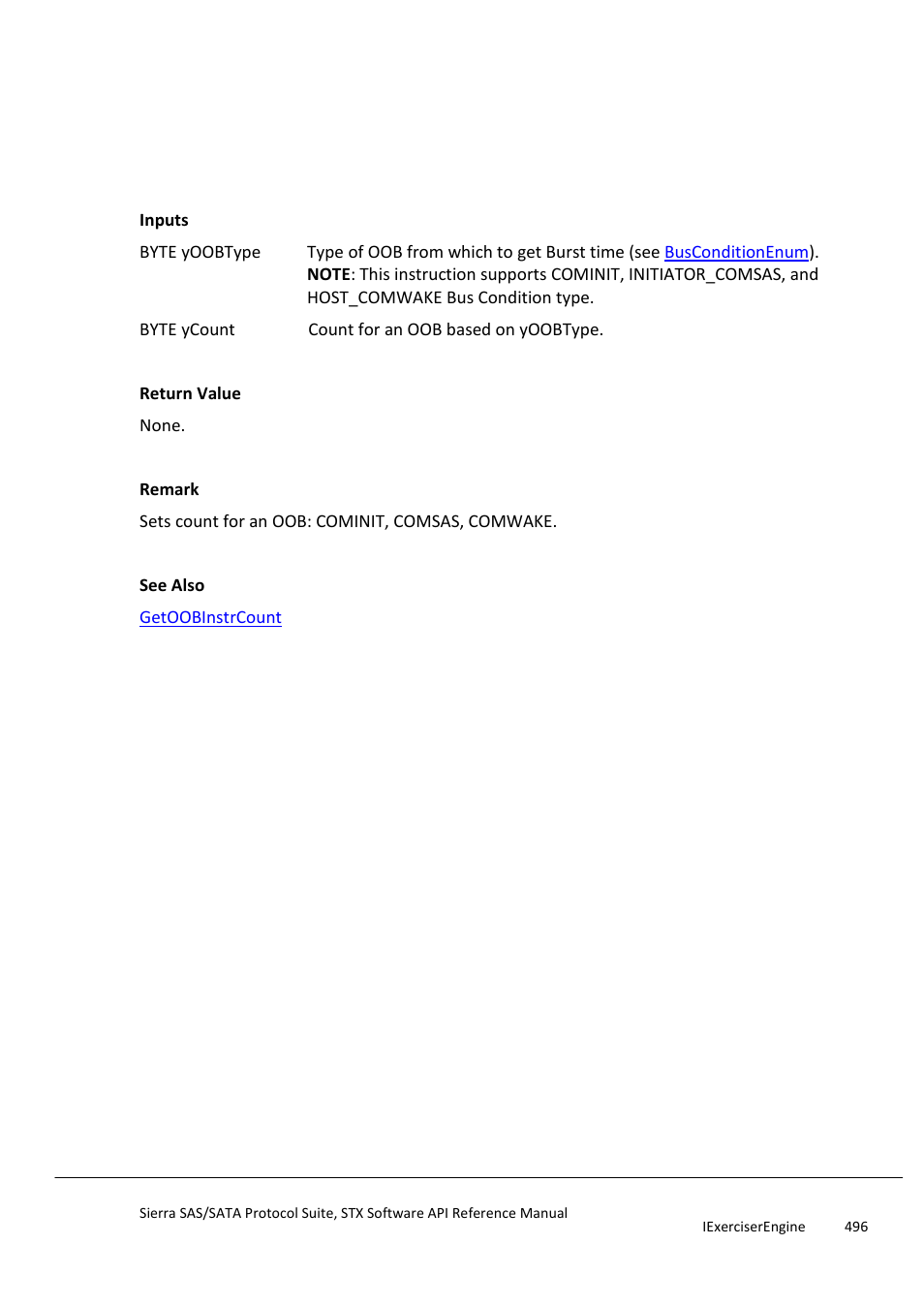 Setoobinstrcount, Setoobinstridletime | Teledyne LeCroy Sierra SAS_SATA Protocol Analyzer STX API Reference Manual User Manual | Page 496 / 979