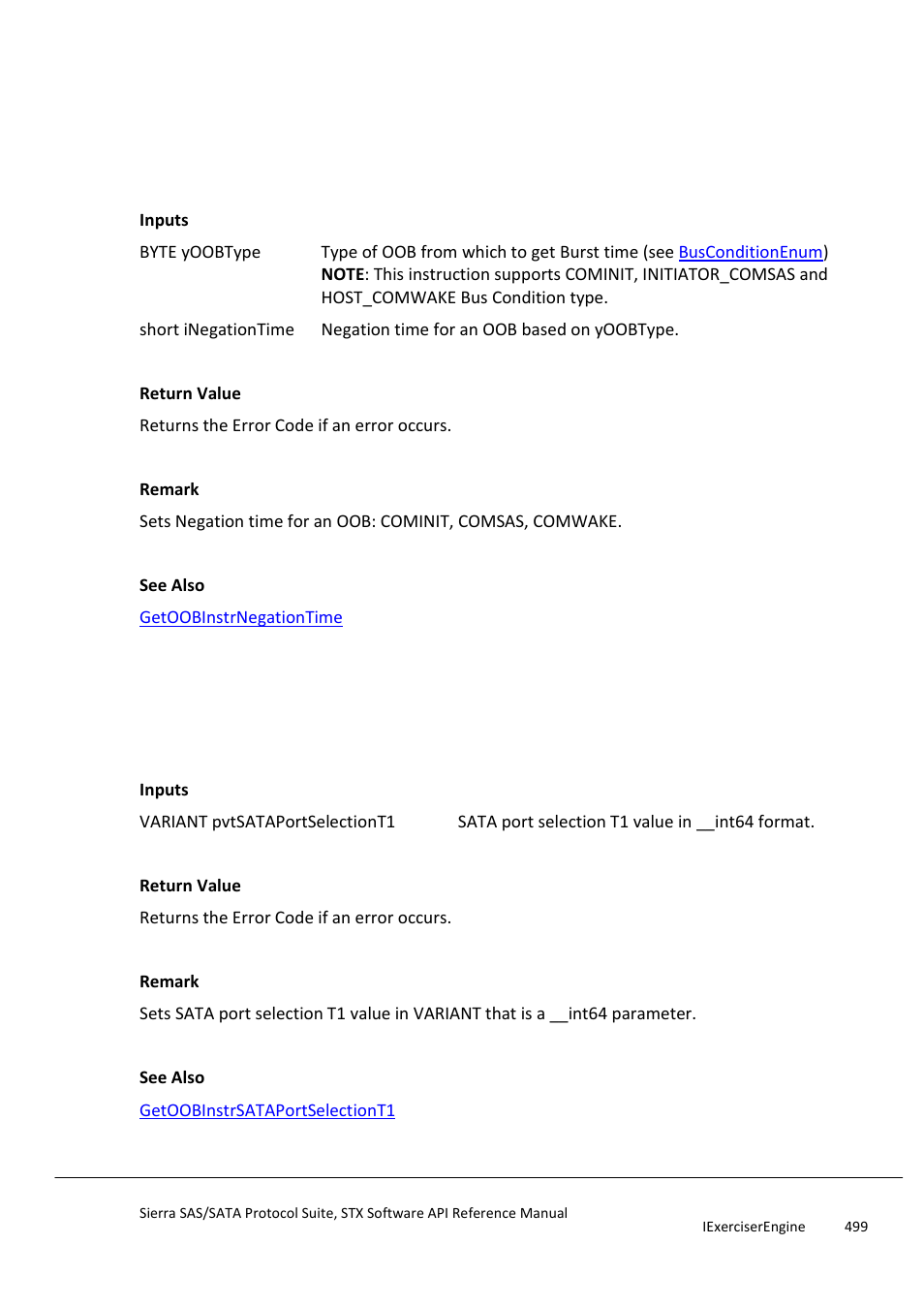 Setoobinstrnegationtime, Setoobinstrsataportselectiont1 | Teledyne LeCroy Sierra SAS_SATA Protocol Analyzer STX API Reference Manual User Manual | Page 499 / 979