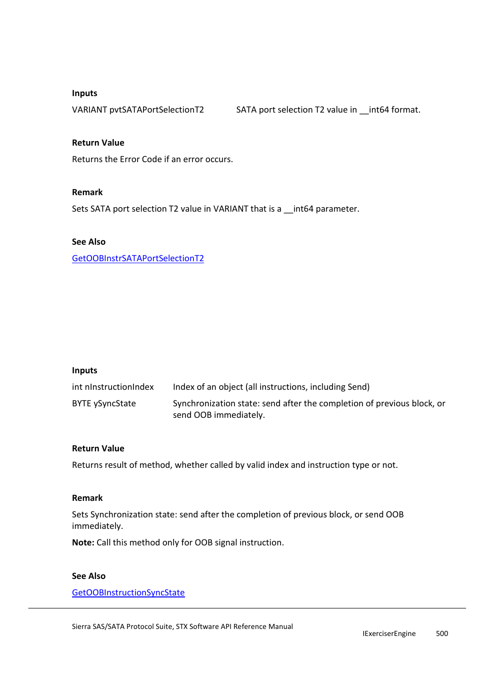 Setoobinstrsataportselectiont2, Setoobinstructionsyncstate | Teledyne LeCroy Sierra SAS_SATA Protocol Analyzer STX API Reference Manual User Manual | Page 500 / 979