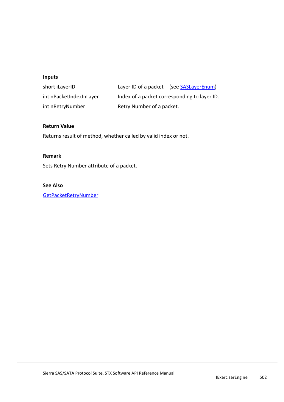 Setpacketretrynumber, Setprimitiveinstructioncount | Teledyne LeCroy Sierra SAS_SATA Protocol Analyzer STX API Reference Manual User Manual | Page 502 / 979