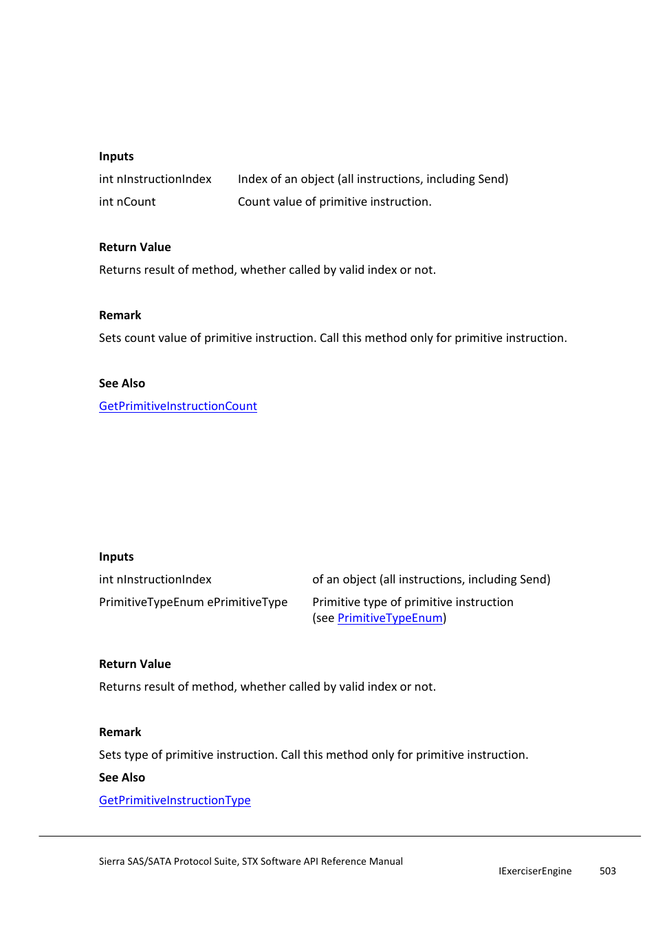 Setprimitiveinstructioncount, Setprimitiveinstructiontype | Teledyne LeCroy Sierra SAS_SATA Protocol Analyzer STX API Reference Manual User Manual | Page 503 / 979