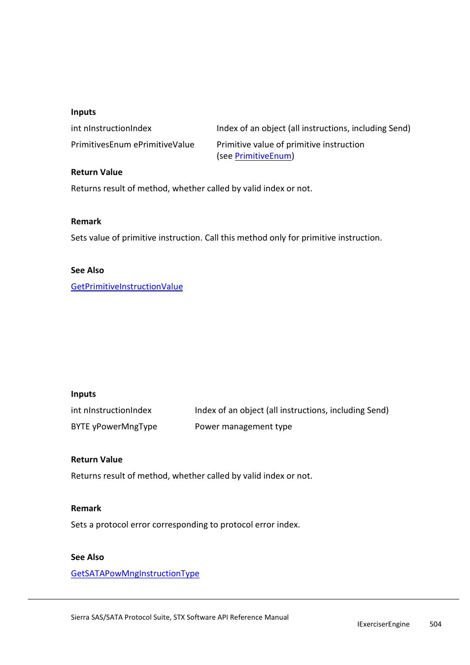 Setprimitiveinstructionvalue, Setsatapowmnginstructiontype | Teledyne LeCroy Sierra SAS_SATA Protocol Analyzer STX API Reference Manual User Manual | Page 504 / 979