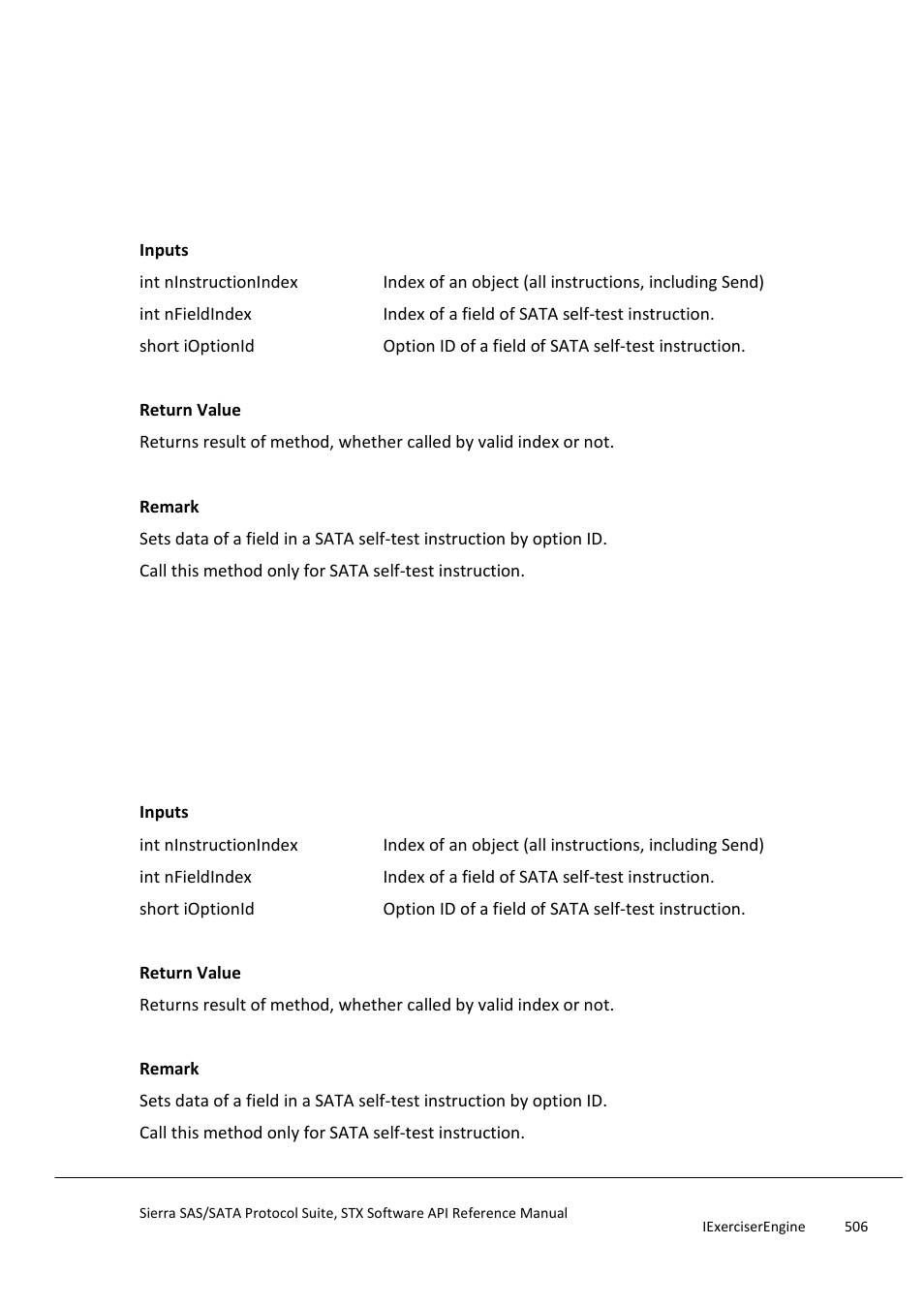 Setsataselftestinstructionfield, Setsataselftestinstructionfieldbyoption, Setsataselftestinstructionfieldbyop | Tion | Teledyne LeCroy Sierra SAS_SATA Protocol Analyzer STX API Reference Manual User Manual | Page 506 / 979