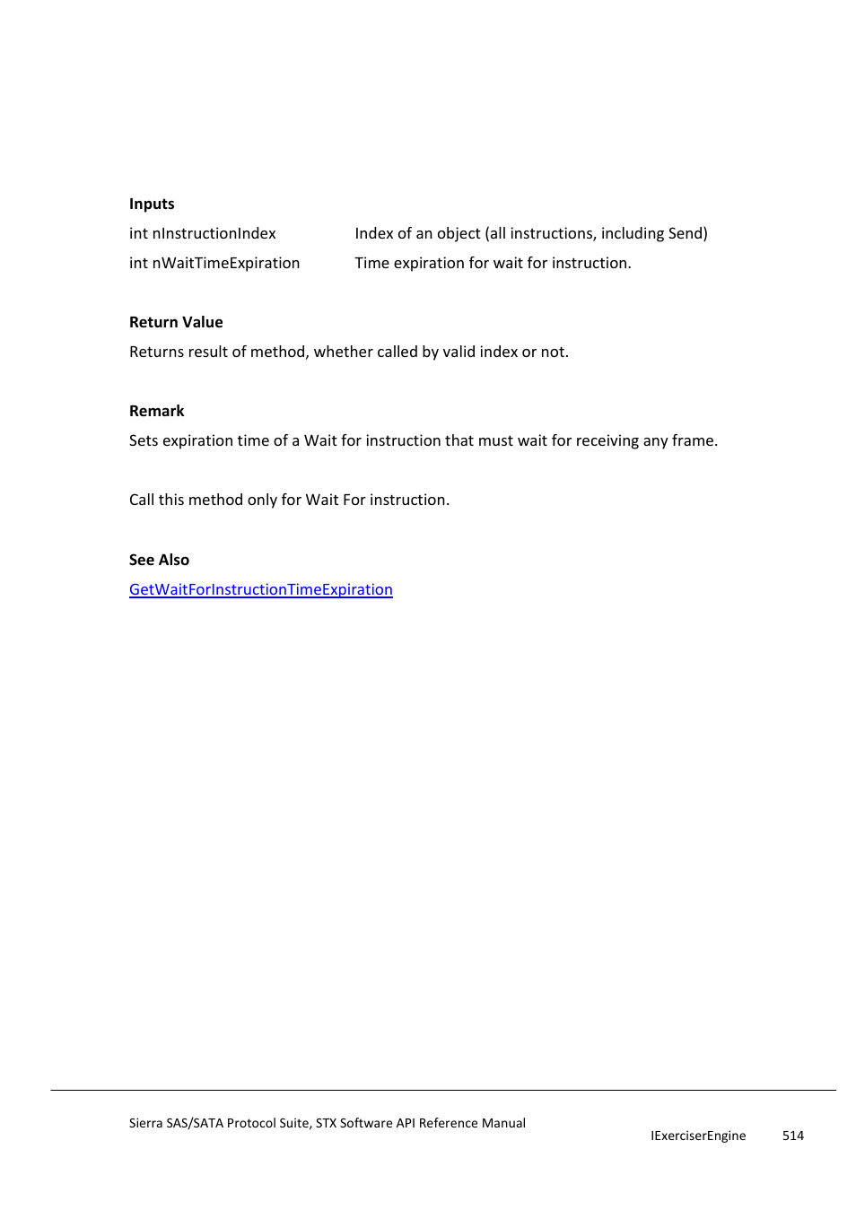 Setwaitforinstructiontimeexpiration | Teledyne LeCroy Sierra SAS_SATA Protocol Analyzer STX API Reference Manual User Manual | Page 514 / 979