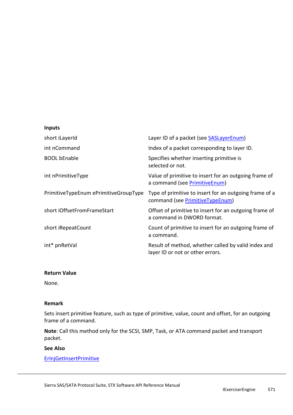 Erinjsetinsertprimitive | Teledyne LeCroy Sierra SAS_SATA Protocol Analyzer STX API Reference Manual User Manual | Page 571 / 979