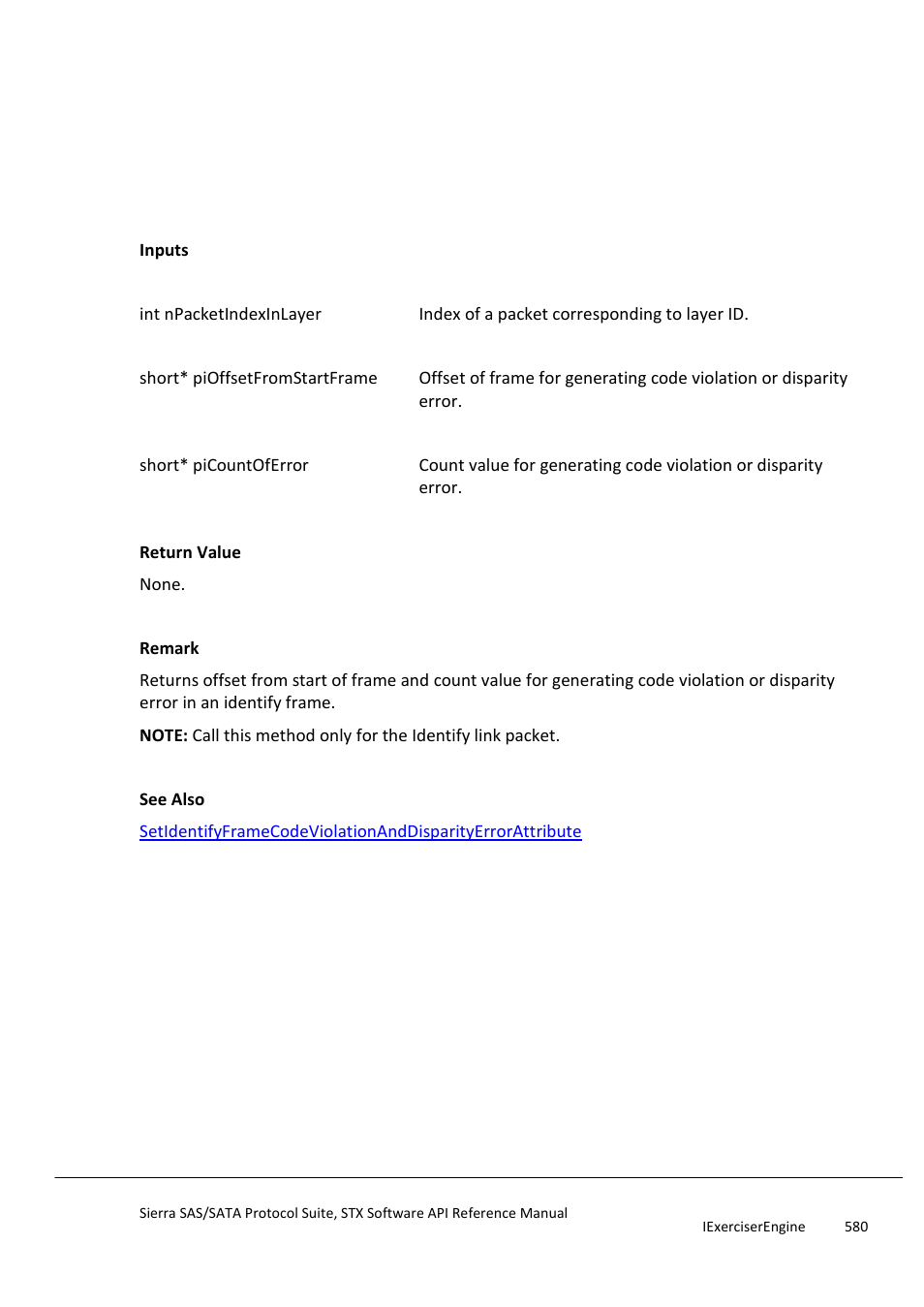 Getidentifyframecodeviolationerror | Teledyne LeCroy Sierra SAS_SATA Protocol Analyzer STX API Reference Manual User Manual | Page 580 / 979